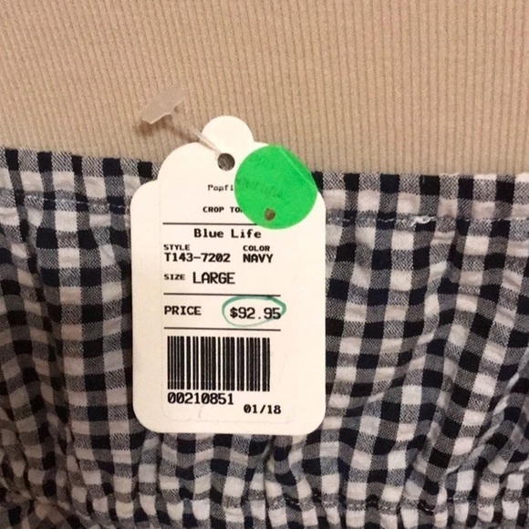 New BLUE LIFE Navy & White Gingham Crop Top Large Feminine Summer Ruffle - Picture 7 of 9